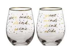 Celebrations Stemless Glass 500ML Set Of 2 Save Water, Drink Wine/Great Minds Drink Alike